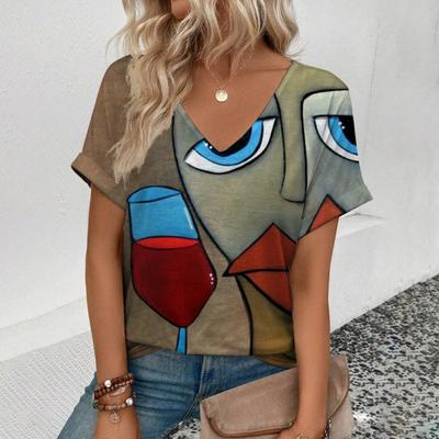Повседневный элегантный топ с коротким рукавом и V-образным вырезом, летняя и весенняя женская одежда, футболка, модная футболка с абстрактным рисунком лица