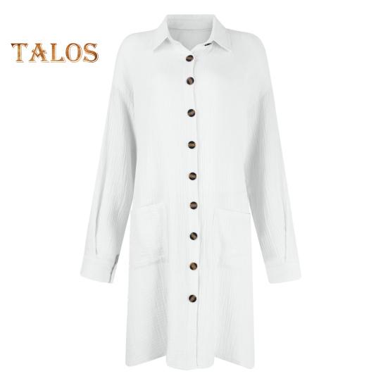 Платье женское осень-весна с отложным воротником, свободные длинные рукава, однобортное, однотонное, рубашечного типа, OL, миди-платье для поездок на работу