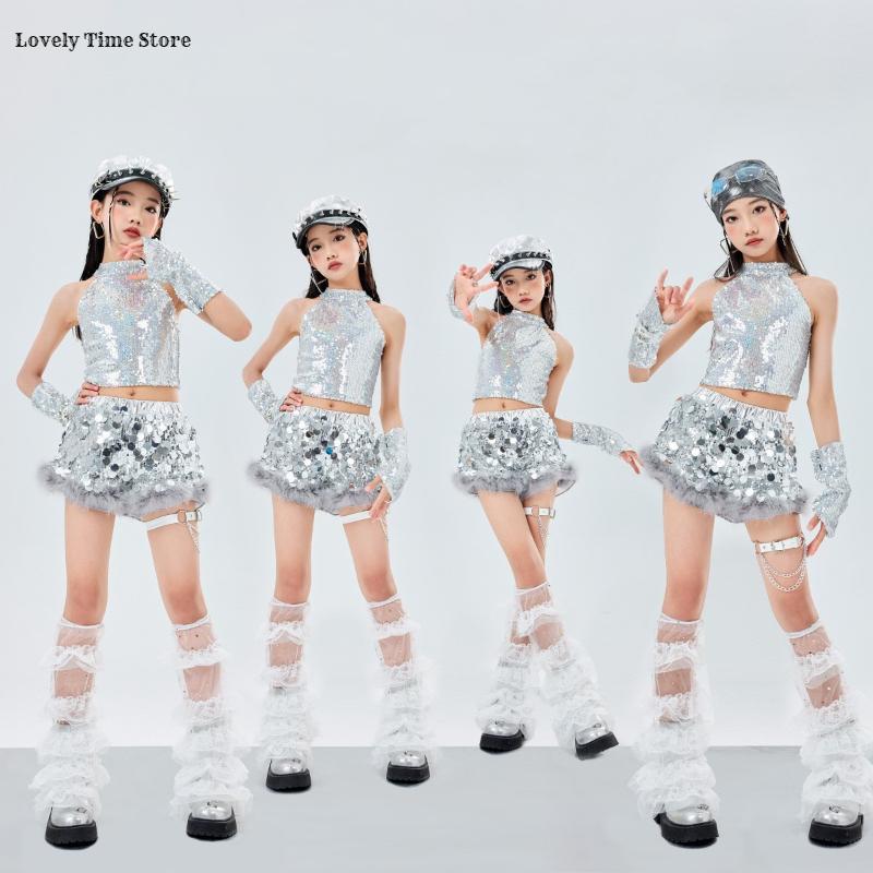 Hip Hop Girls Shiny Silver Crop Top Street Dance Sequin Shorts Kid K-pop Jazz Clothes Set Children Girl Group Streetwear Costume