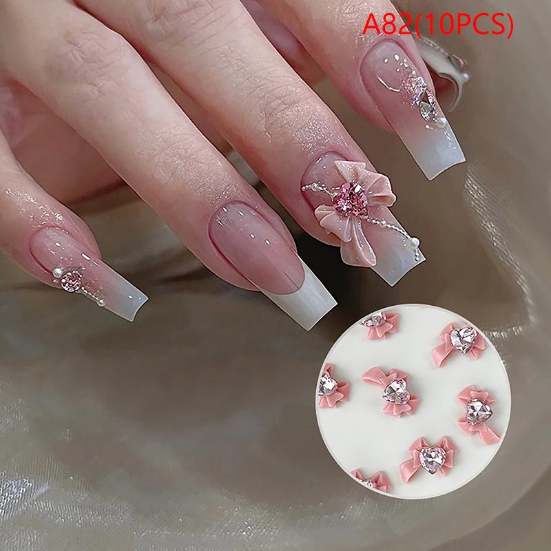 10pcs 3D Resin Bowknot Nail Charms with Pink Ribbon Bow Rhinestone, Jewelry Parts for Manicure Decor DIY Salon Accessory Gift