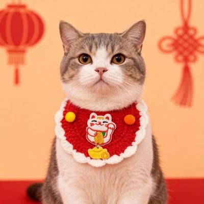 Красный вязаный кошачий слюнявчик ручной вязки на китайский Новый год, слюнявчик для питомца на год Лошади, собачий слюнявчик с вышивкой для котят и маленьких собак, праздничный аксессуар