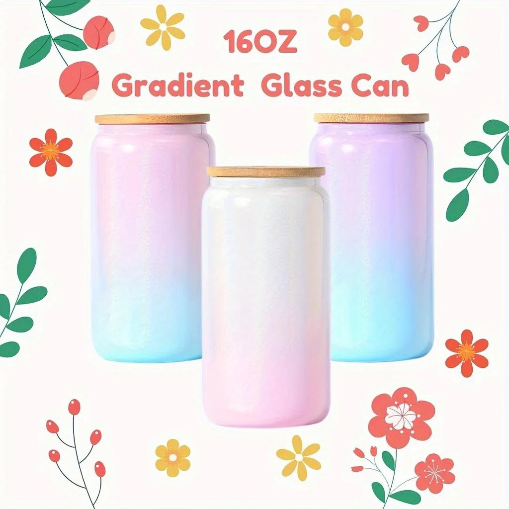 1pc 16oz Glass Tumbler Glitter Glass Jar Shimmer Beer Mug Can Shaped Drinking Glass With Bamboo Lid And Reusable Straw DIY Gifts