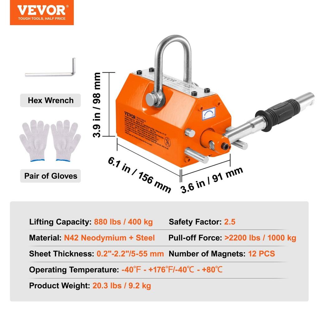 Magnetic Lifter, 880 lbs/400 kg Pulling Capacity, 2.5 Safety Factor, Neodymium & Steel, Lifting Magnet with Release, Permanent Lift Magnets, Heavy