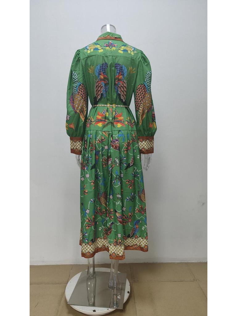 Женское ретро платье с рукавами-фонариками, шнуровкой и принтом, с длинным рукавом