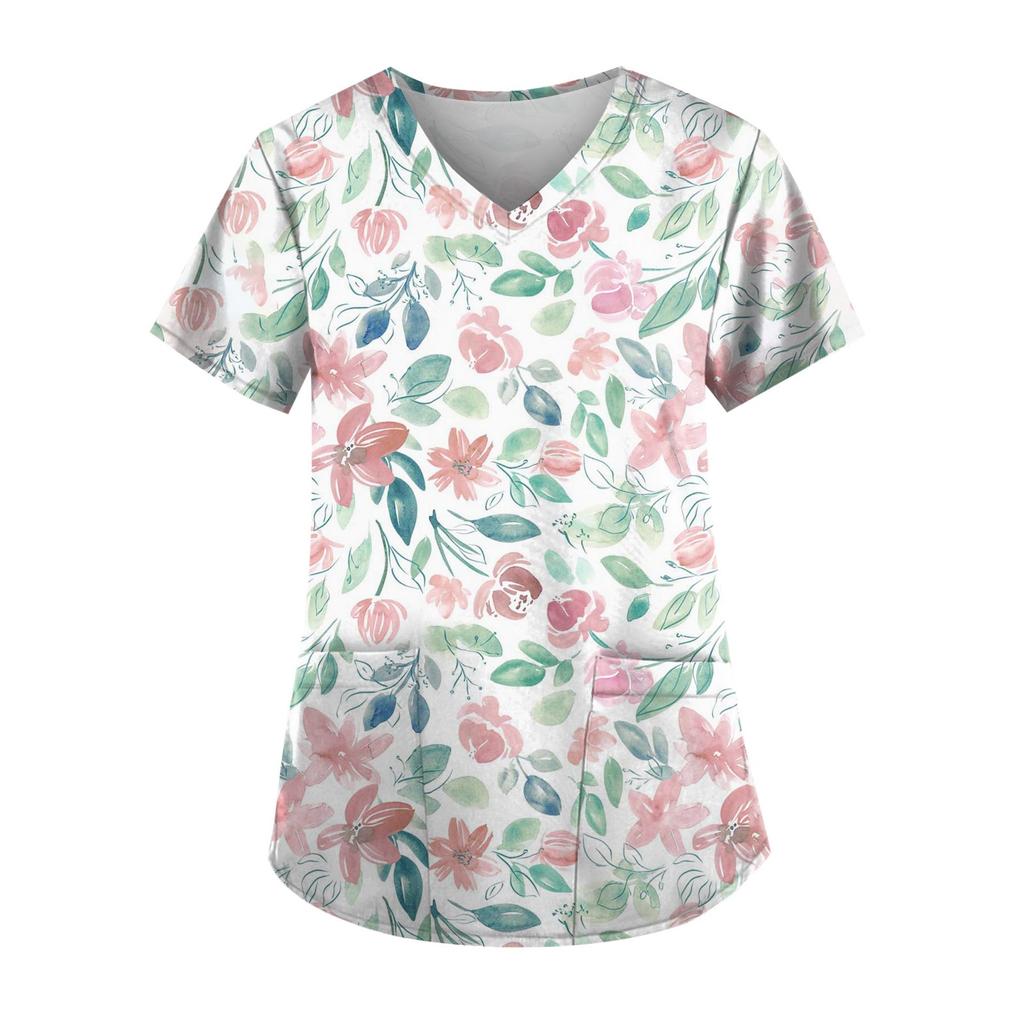 Женские топы с короткими рукавами и v-образным вырезом с принтом, рабочая блузка с карманами