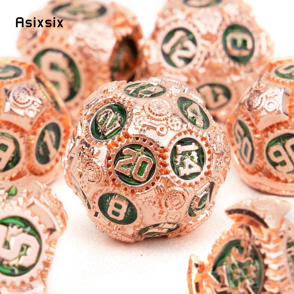 7 Pcs Orange Green Gear Wheel Metal Dice Solid Metal Polyhedral Dice Set Suitable for Role-Playing RPG  Board Game Card Game