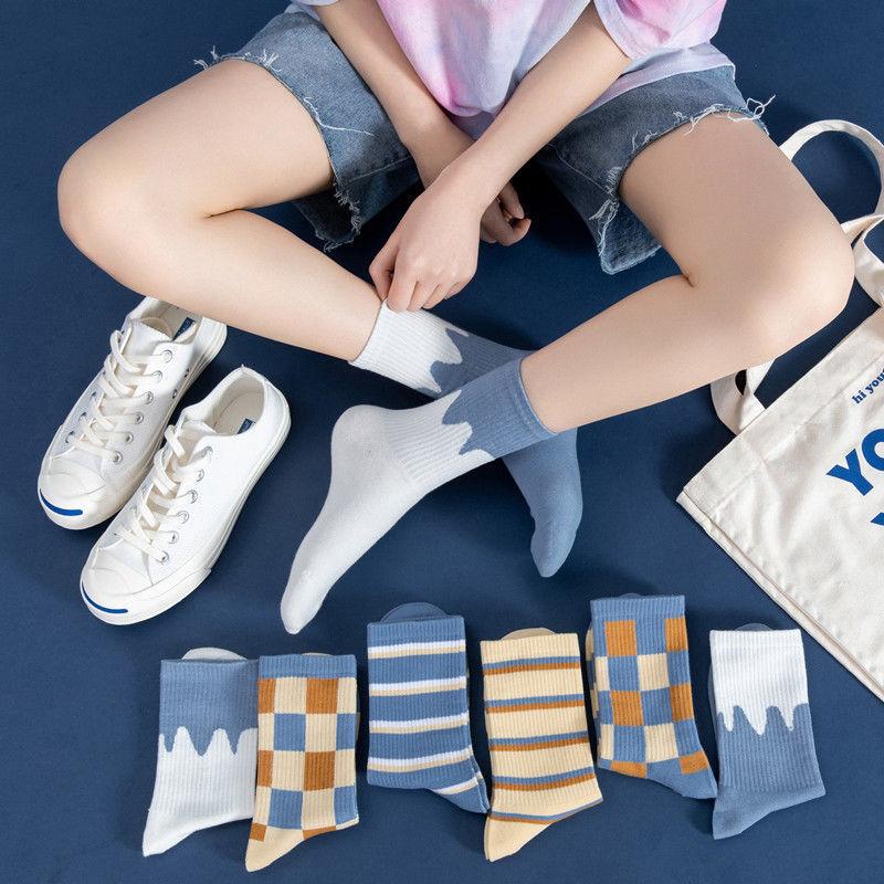 Чулки детские носки средней длины чулки Harajuku Student синие клетчатые летние высокие хлопковые носки