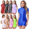 Glossy Bodycon Dress Clubwear Womens Sexy Short Sleeve Mock Neck Oil Shiny Mini Dresses Rave Pole Dancing Stage Clothes