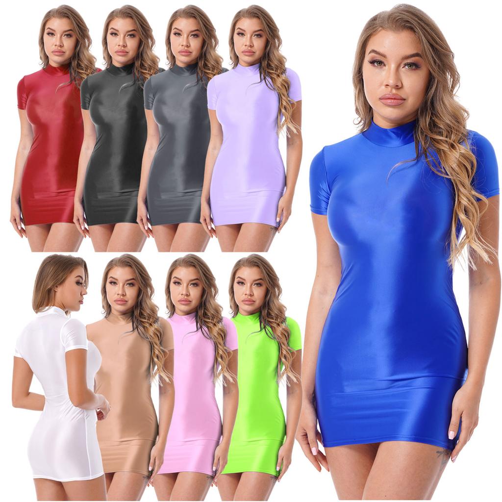 Glossy Bodycon Dress Clubwear Womens Sexy Short Sleeve Mock Neck Oil Shiny Mini Dresses Rave Pole Dancing Stage Clothes