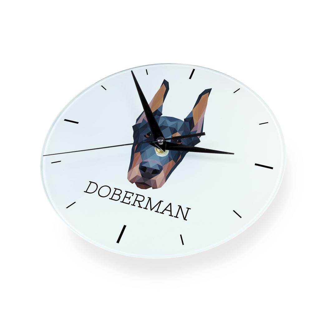 Dobermann, Doberman Pinscher, Dobie I – Geometric wall clock with a picture and the brand name Art-Dog | Art-Dog
