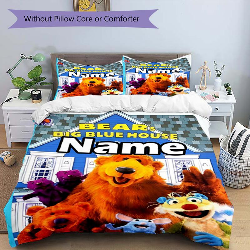 3pcs Duvet Cover Set (1*Duvet Cover + 2*Pillowcase, Without Core), Custom Name Bear in the Big Blue House Pattern Bedding Set, Home Bedroom Decor Gift