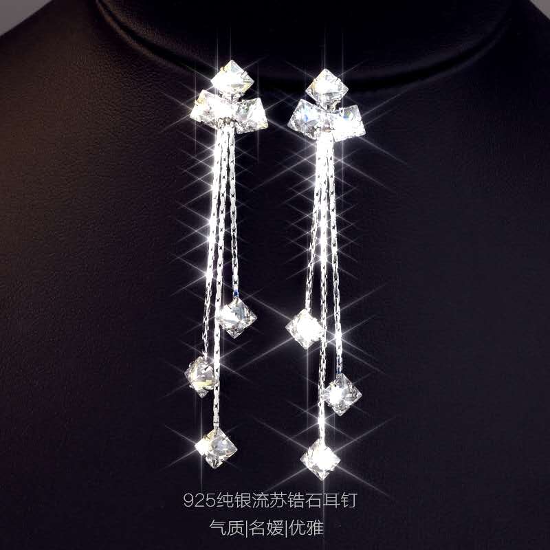 Простые блестящие квадратные циркониевые украшения Fit Women Crystal из австрийского серебра 925 пробы игольчатые темпераментные длинные серьги женские