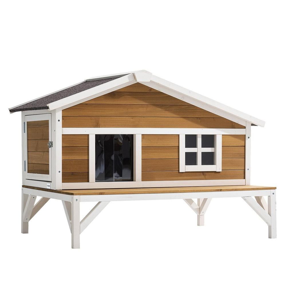 Insulated Cat House, All-Around Foam Insulation Elevated Cat Shelter, Wooden Feral Kitty Shelter with Large Platform, Waterproof Cats Condos for