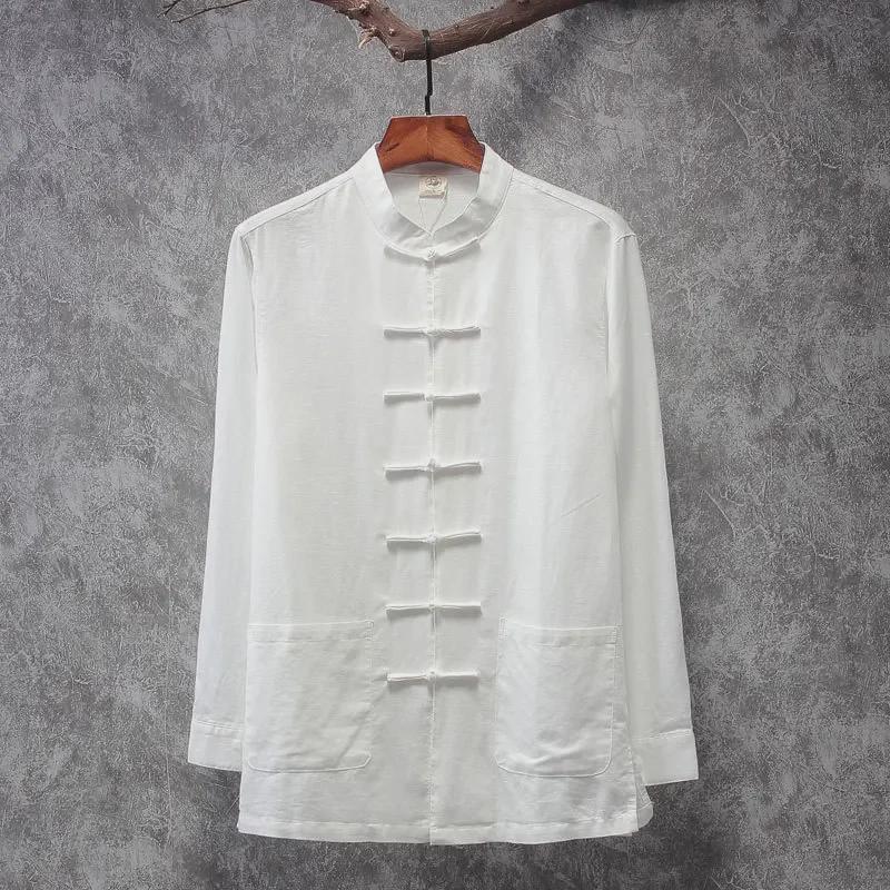 Мужская рубашка в китайском стиле ханьфу с длинными рукавами - смесь хлопка и льна, коллекция весна/осень