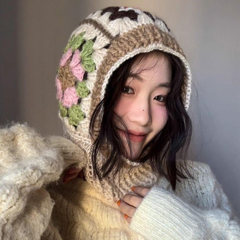 Colorful Knitted Yarn Hat Ear Protection Pullover Hat Windproof Knitted Hooded Caps Cold Weather