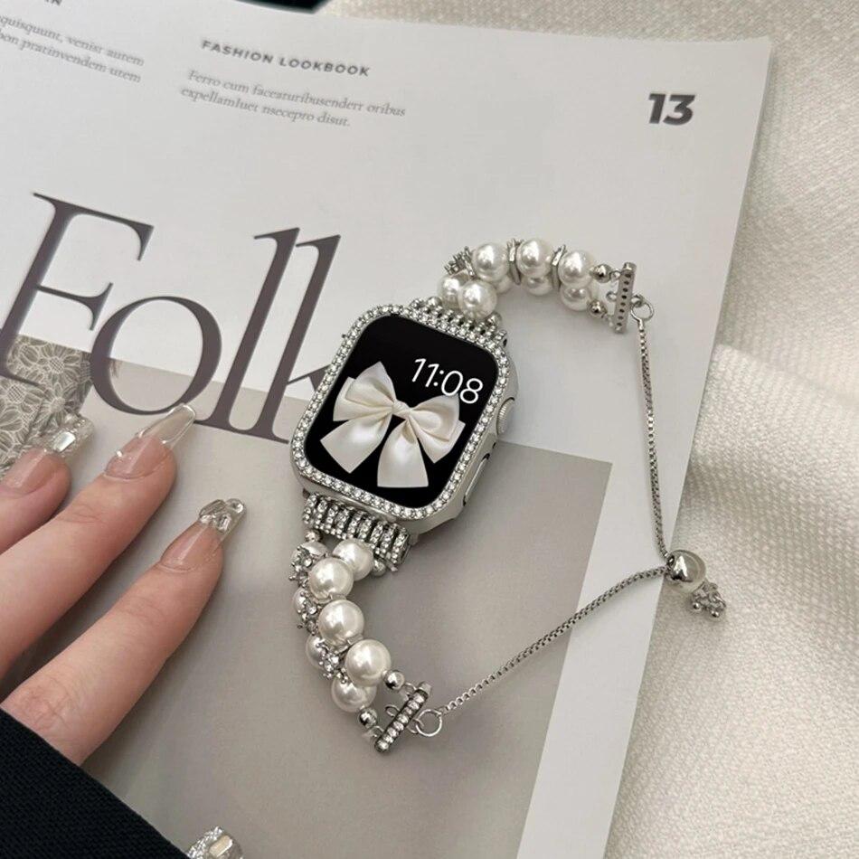 Luxury Metal Strap + Case For Apple Watch Series 9 8 7 6 5 SE 4 38/40/41/42/44/45mm Diamond Pearl Bracelet Band For iWatch UItra 2 49mm