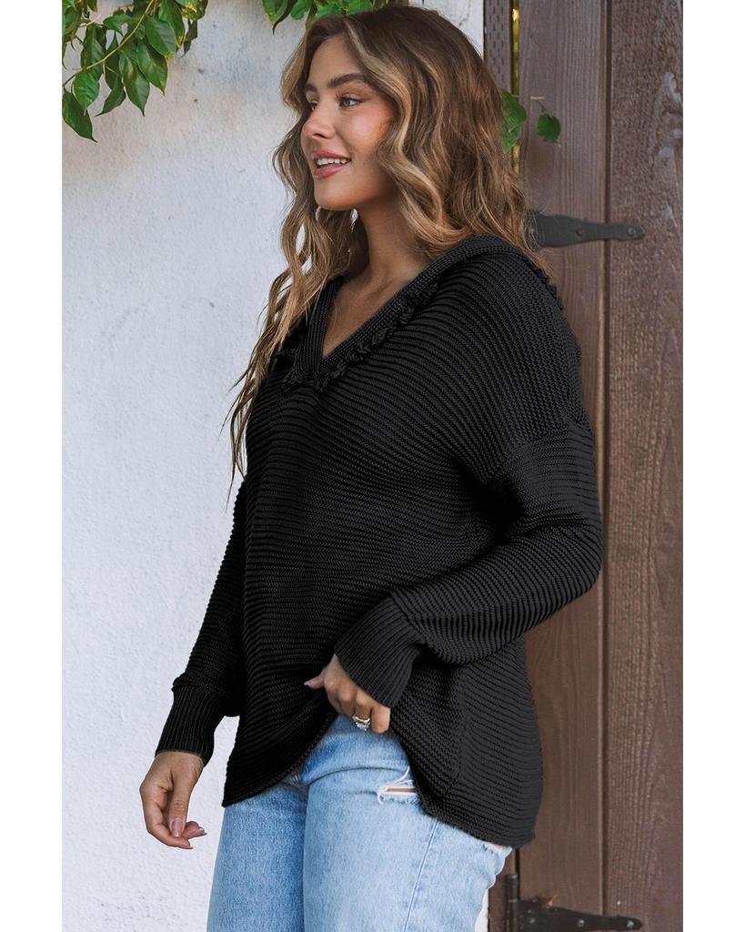 Azura Exchange Свитер с капюшоном и V-образным вырезом в рубчик