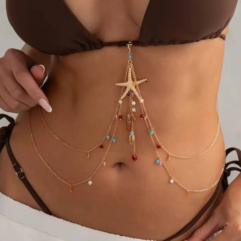 SHIXIN Sexy Trendy Tassel Rhinestone Belly Chains Women DoubleLayer Imitation Pearl Beach Vacation Link Chain Waist Body Jewelry