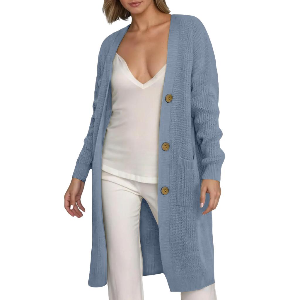 Women's Solid Color Long Sleeved Knee Length Knitted Cardigan, Lazy Trend, Medium Long Hair Jacket