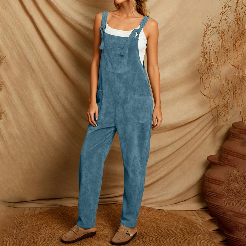 Women's Solid Color Corduroy Wide Leg Overalls Sleeveless Vest Pocket Casual Jumpsuit