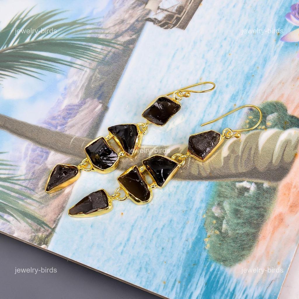 Натуральный дымчатый кварц, позолоченные, модные свисающие серьги, гальванопластика, ювелирные изделия V-115