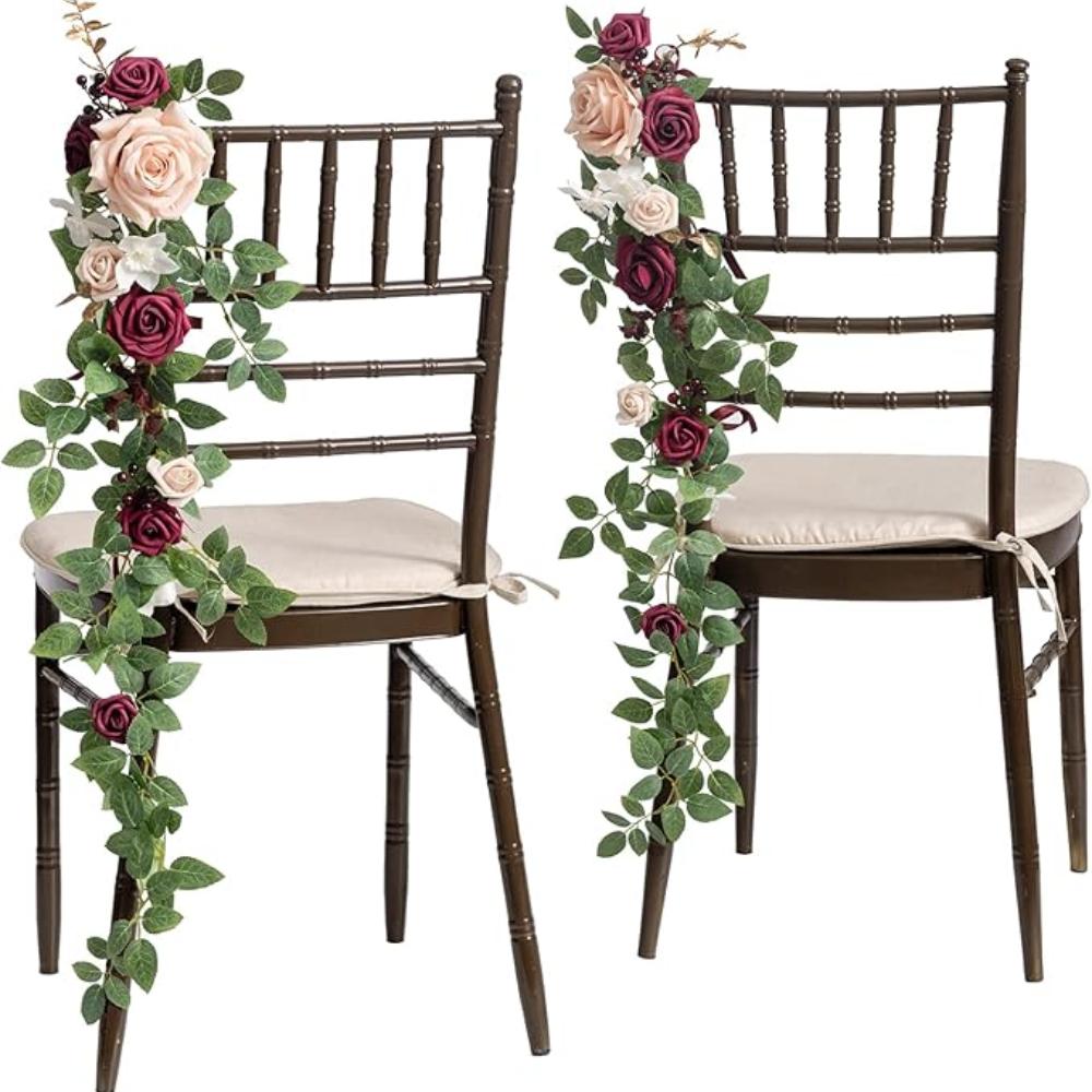 2Pcs Wedding Chair Decorations Aisle Floral Swag Artificial Pew Flowers Hanging Garland for Ceremony Church Rose Floral Faux Arrangement Party Decor