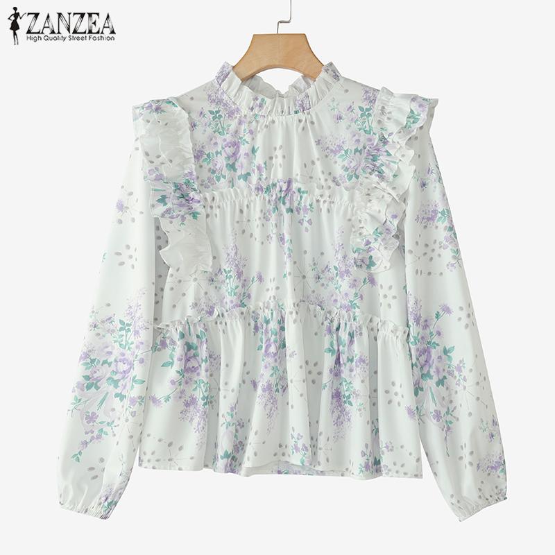 ZANZEA Женская повседневная блузка с воротником-стойкой и длинным рукавом с цветочным принтом