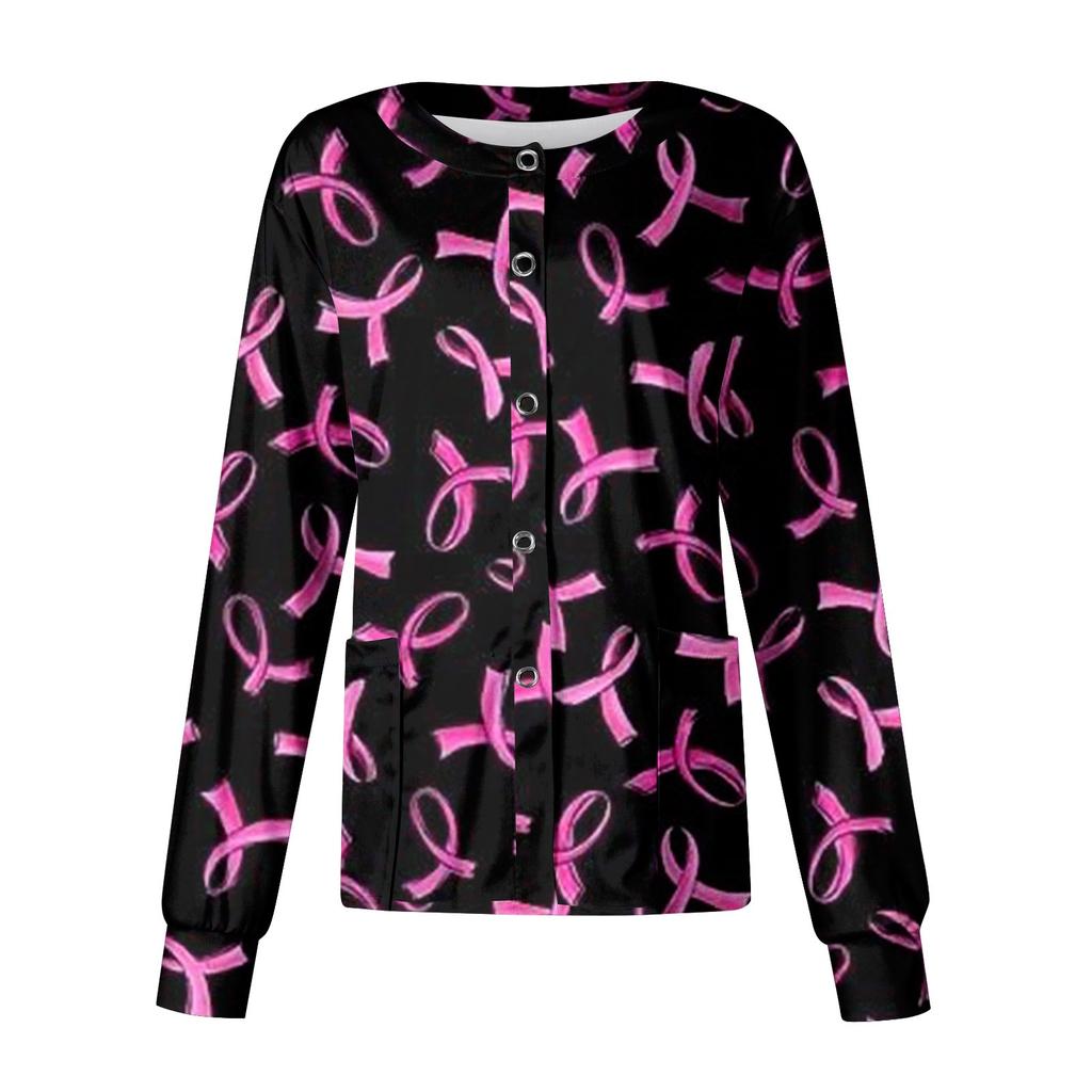 Women's Fashionable Casual Pocket Long Sleeved Themed Printed Round Neck Top