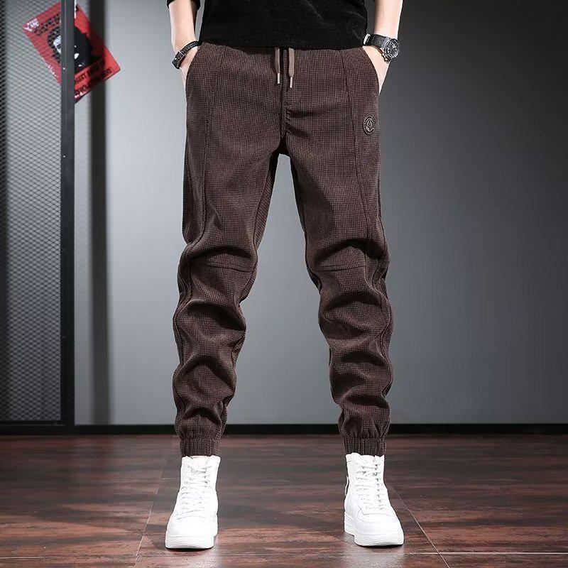 Men's Trendy Black Corduroy Joggers - Korean Style Elastic Waist Sweatpants for Spring and Autumn