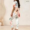 Women Plus Size Olive Green Printed Round Neck Short Sleeve Side Slit Longline Top And Fitted Pants Two Piece Set