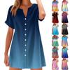 Women Fashion Casual V-neck Short Sleeve Button Gradient Print Dress