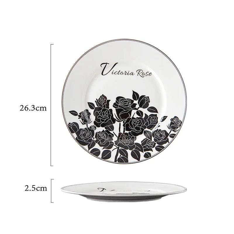 Retro Black Flowers Ceramic Plate High End Restaurant Steak Plate Home Delicious Dishes Salad Dining Plates Exquisite Tableware