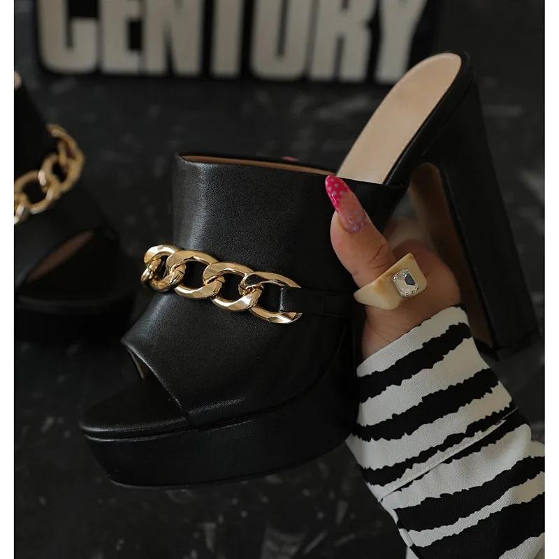 2024 Обувь Женские Современные Женские Тапочки Платформа Платье Тапочки Женские Цепи Круглый Носок Высокий Толстый Каблук Большие Размеры Женские Сандалии