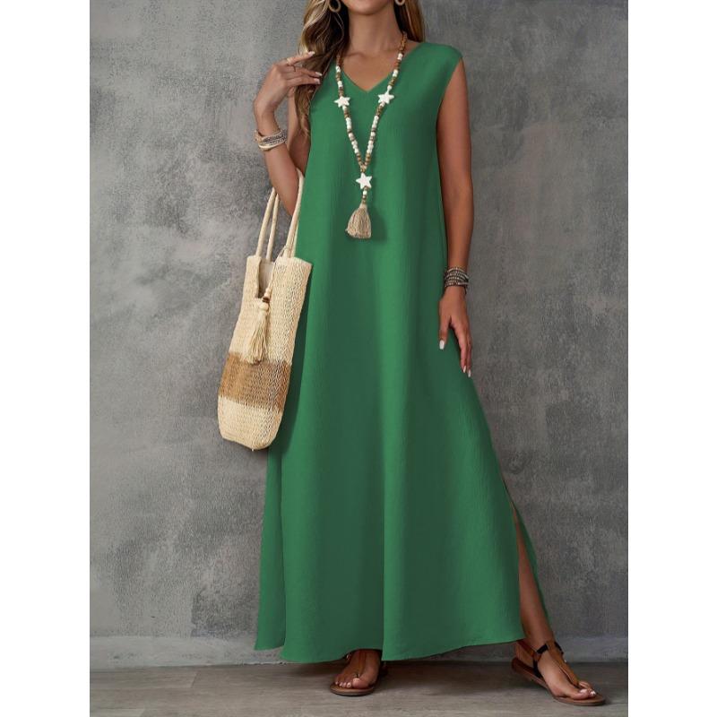 Sleeveless V-neck Side Split Summer Long Dress Elegant Fashion Loose Casual Simple A-line Party Maxi Long Dress Solid Color Woman Clothing