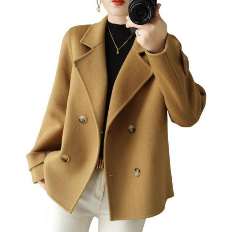 Women Double Breasted Woolen Loose Jacket Short Coat Lapel Solid Color Long Sleeve Thermal Commuting Dating