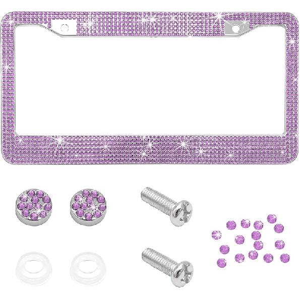 Bling Car License Plate Frame, Handcrafted Rhinestone License Plate Frame With Glitter Screw Caps, Sparkly Bedazzled Diamond Stainless Steel License