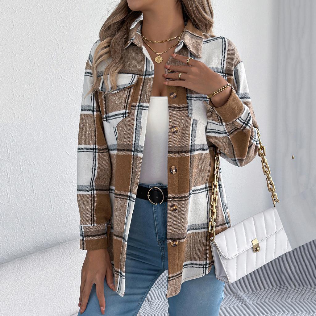 Women's Casual Plaid Fake Pocket Long-sleeved Woolen Mid-length Coat