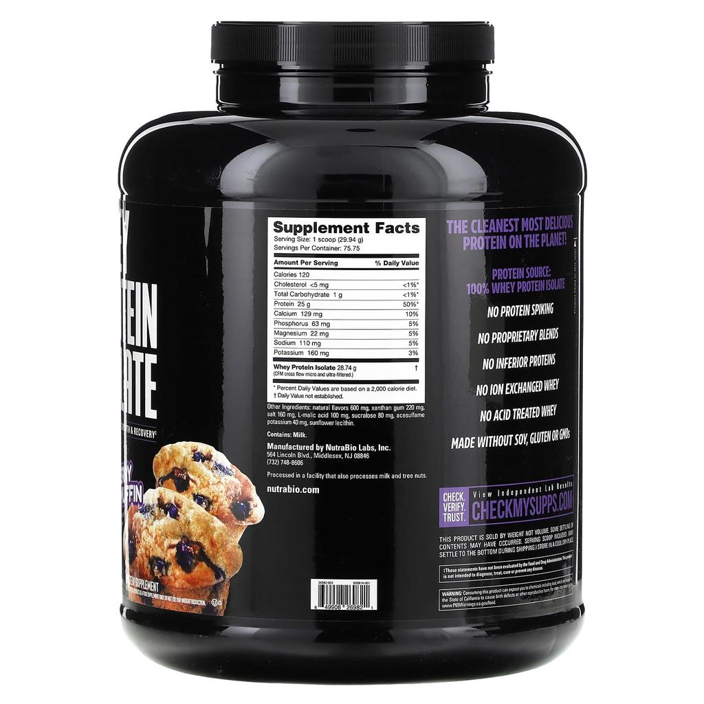 NutraBio Whey Protein Isolate, Blueberry Muffin, 5 Lb (2,268 G)