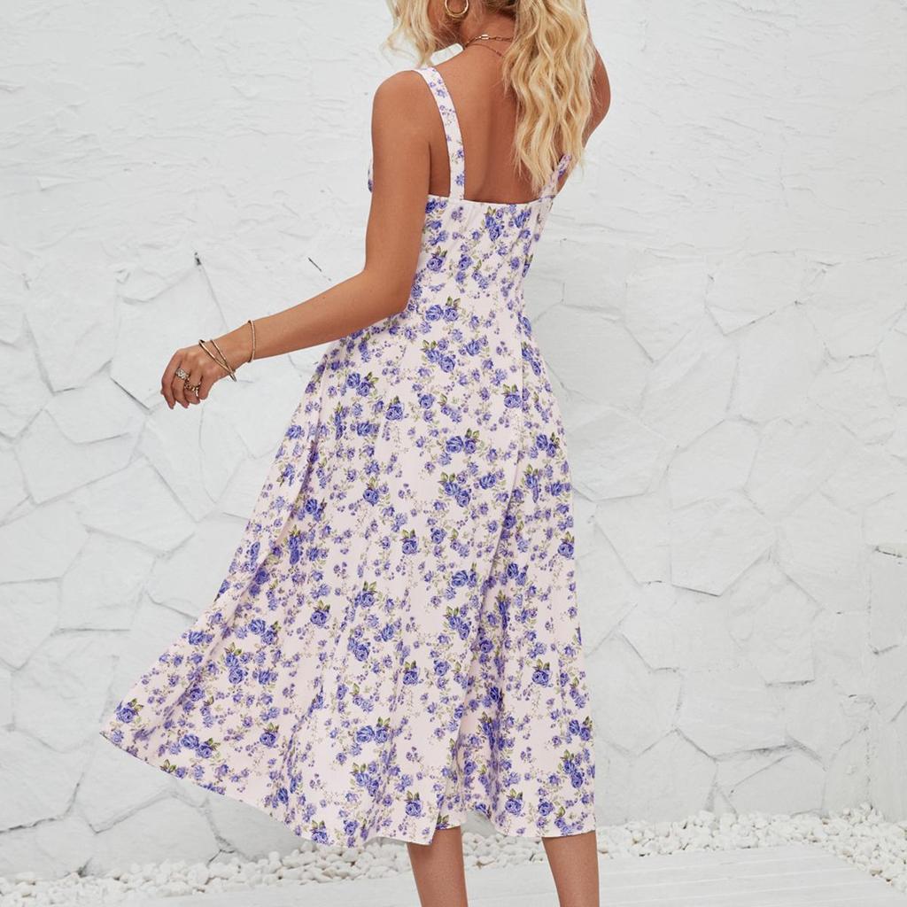 Женские летние платья с цветочным принтом, милое элегантное праздничное платье миди, повседневные синие платья с разрезом на шнуровке 2024