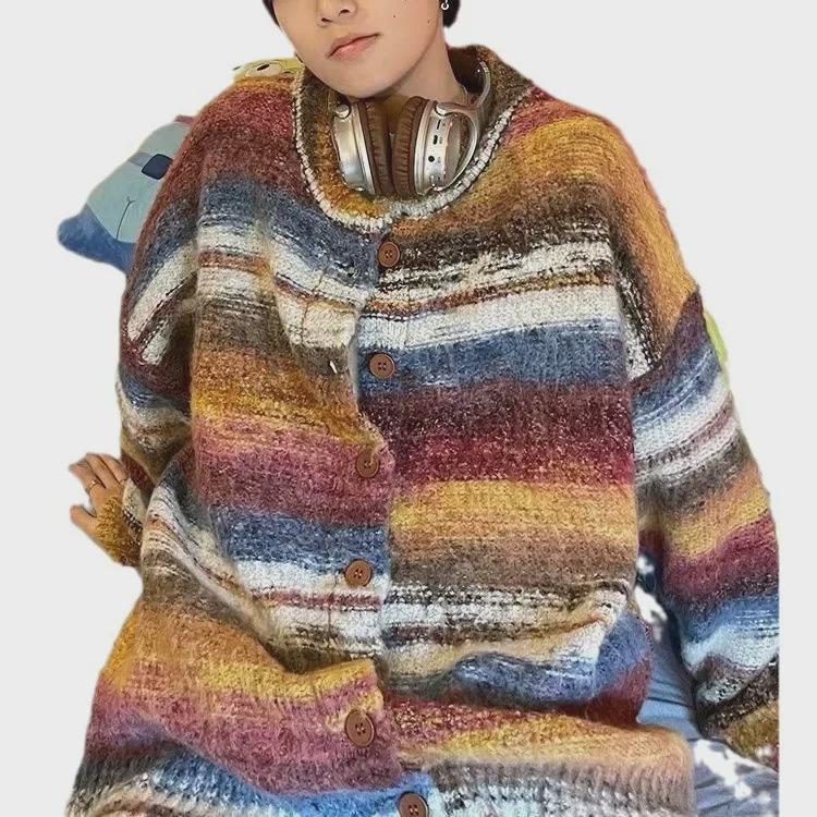 Осень 2023 года мужской ретро-полосатый вязаный кардиган-свитер
