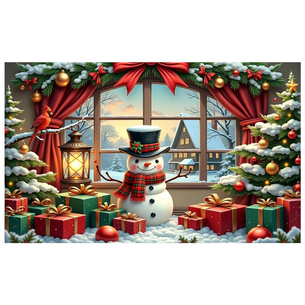 Festive Banner Gold Ornament Winter Backdrop Christmas Decor Banner Snowman Design Holiday Display For Holiday Gathering Xmas