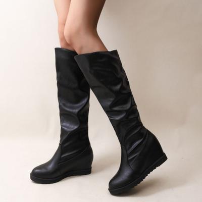 Осень Зима Элегантные Женские Сапоги до Колена на Каблуке с Флисовой Подкладкой Демисезонные Черные Кожаные с Круглым Носком Женские Длинные Сапоги