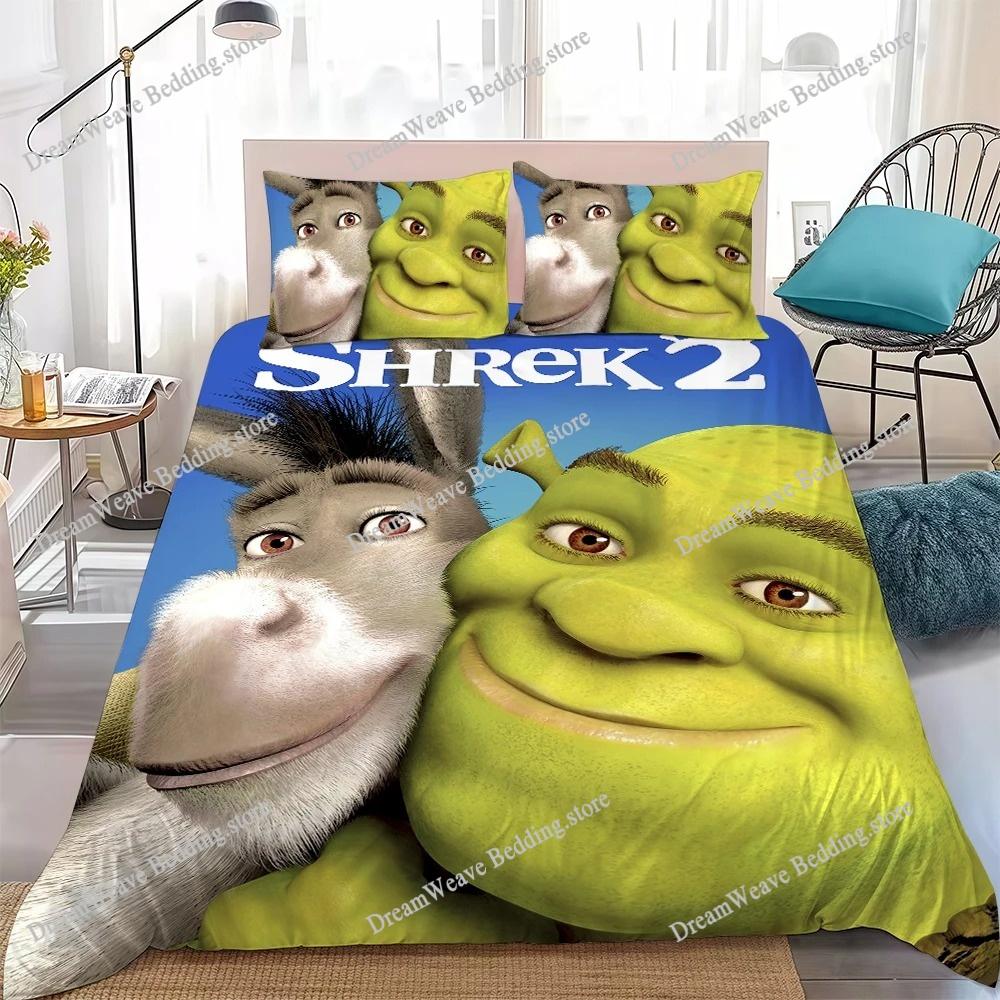 Boys and Girls Cartoon S-Shrek Duvet Cover and Pillowcase, Teen and Adult Bedding Set, Kingqueen Size, Bedroom Decoration, Gift