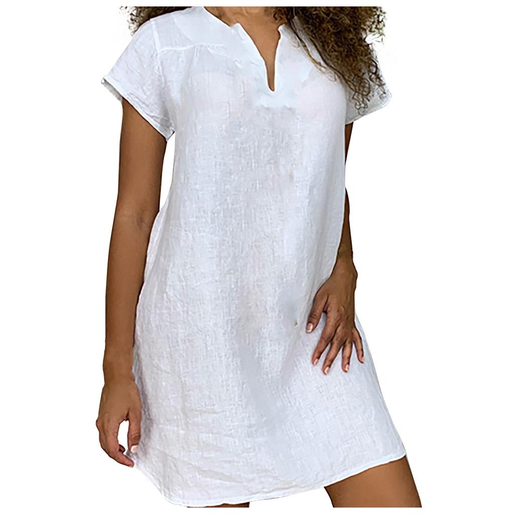 Женская мода, летняя свободная юбка, хлопковое льняное платье с коротким рукавом и v-образным вырезом