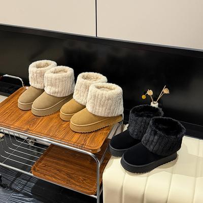 Женские зимние ботинки на толстой подошве 2025 новая коллекция с набивным и утолщенным мехом, большие хлопковые ботинки до середины голени, теплые пушистые хлопковые ботинки
