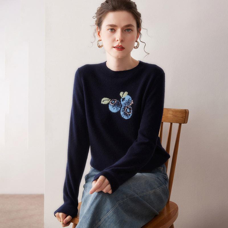 Women's Blueberry Jacquard Pure Cashmere Round Neck Pullover Sweater - Long Sleeve Autumn/Winter Knit Base Layer