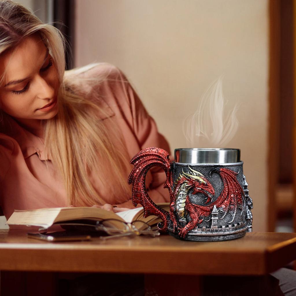 Винтажная кружка с драконом в виде замка, расписанная вручную, из смолы, нержавеющая сталь, пивная кружка, чашка для кофе и чая, креативный дизайн, украшение для бара(емкость 450 мл)