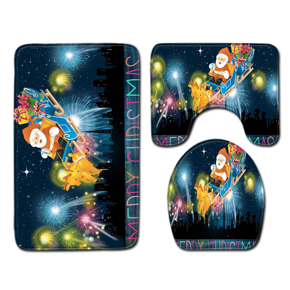 Christmas Shower Curtain Floor Mat Combination Four-Piece Set Bathroom Toilet Carpet Shower Room Mat Foot Mat