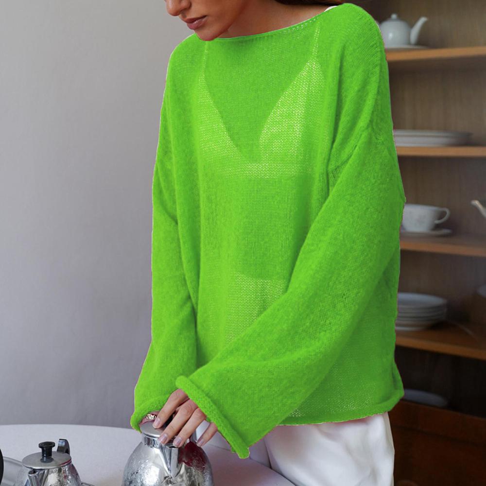 Ажурная трикотажная рубашка весна/лето женская перспектива тонкая большая круглая горловина рукав труба трикотажная футболка