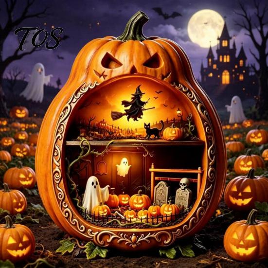 Jack-o'-lantern Table Decorations Halloween Centerpiece Pumpkin, Wooden Pumpkin Ornament with Miniature Scenes, Rustic Decorative Skeleton Ornaments